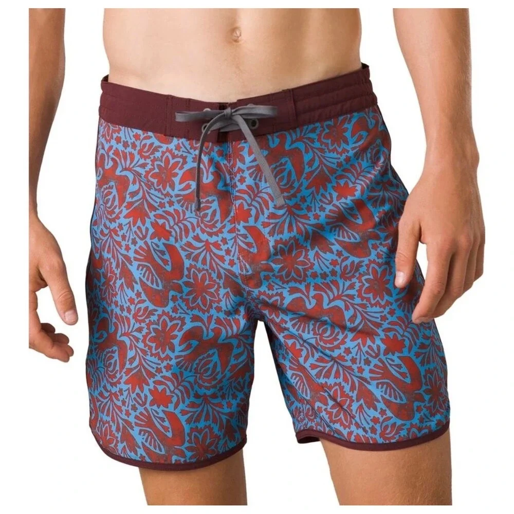 Prana‎ High Seas Board Shorts Mens 36 Red Blue Otomi Bird Floral Swim Trunks H2